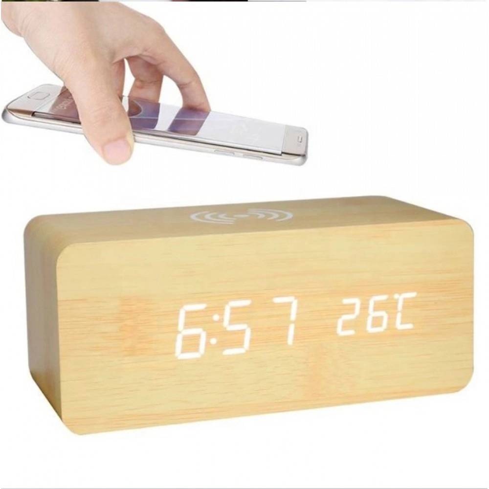 Wooden Digital Alarm Clock with Wireless Charging, LED Clock with Time, Date,Temperature, Desk Clocks for Office,Bedside Clock