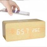 Wooden Digital Alarm Clock with Wireless Charging, LED Clock with Time, Date,Temperature, Desk Clocks for Office,Bedside Clock