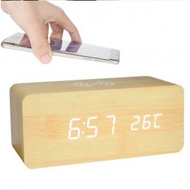 Wooden Digital Alarm Clock with Wireless Charging, LED Clock with Time, Date,Temperature, Desk Clocks for Office,Bedside Clock
