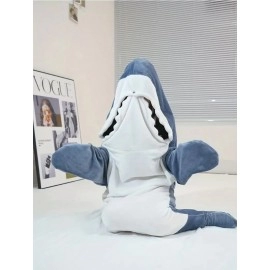 Hoodie Women Wearable  Kids Parents Hooded Warm Flannel Cartoon Homewear Shark Onesie Sleeping Bag