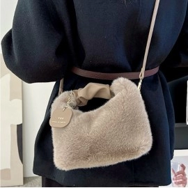 Women Faux Fur Handbags Zipper Small Lady Shoulder Bag Casual Tote Half-Moon Hobos Winder Crossbody Bag For Traveling Shopping